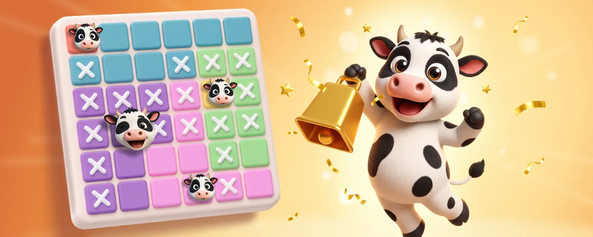 A Moodoku puzzle board with cows placed on coloured squares and white crosses marking the squares ruled out, beside a cartoon cow holding a gold cowbell
